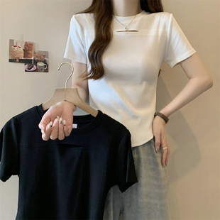 ELOF218#实拍 实价40支纯棉210克(92棉/8氨纶)短袖T恤女镂空202