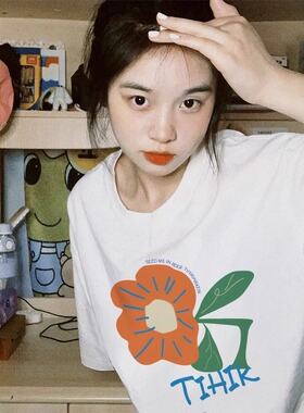 ELOF01447# 官图 21支纯棉210克（100%棉）短袖T恤女宽松韩系chic