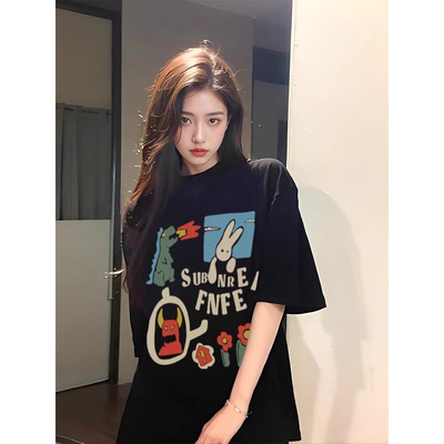 ELOF01249# 官图 21支纯棉210克（100%棉）短袖T恤女宽松大码印花