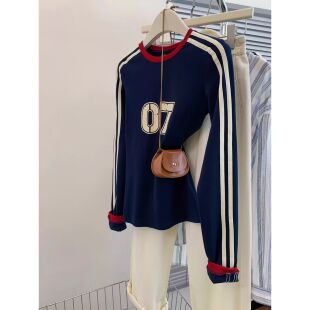 ELOF555# 官图 40支纯棉（92棉/8氨纶）秋装长袖T恤女撞色条纹印