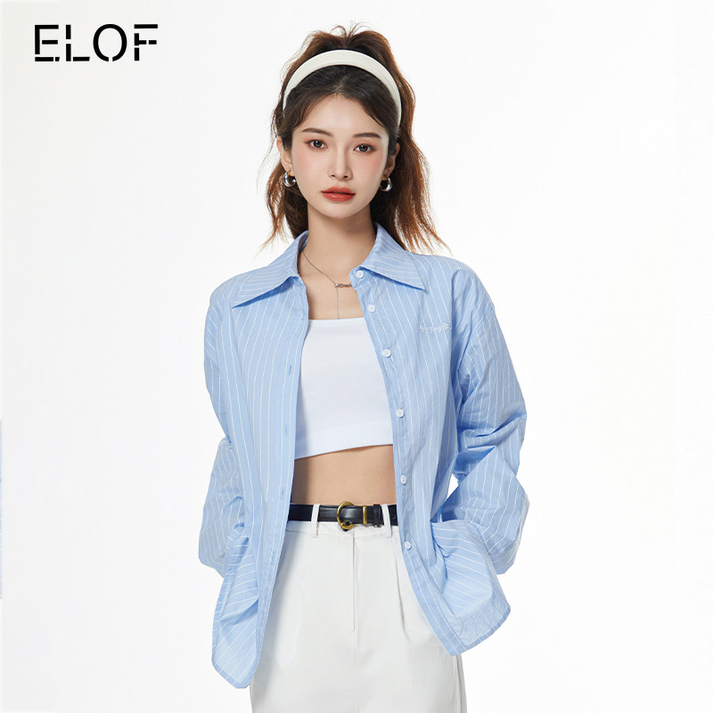 ELOF蓝色条纹衬衫女简约长袖衬衣休闲宽松显瘦百搭春秋季上衣女装_虎窝淘
