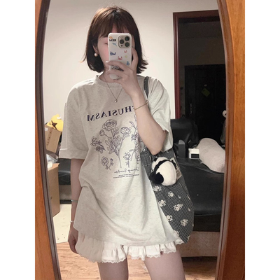 ELOF01139# 官图 21支纯棉210克（100%棉）短袖T恤女宽松印花慵懒