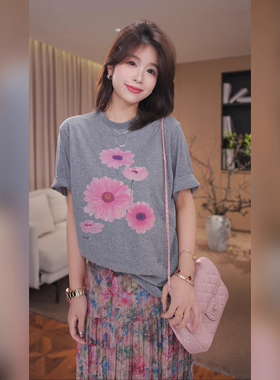 ELOF01577# 官图 21支纯棉210克（100%棉）短袖T恤女宽松大码印花