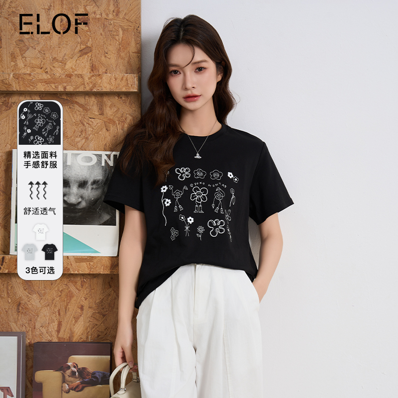ELOF小花朵印花短袖T恤女2025夏季新款正肩圆领小众上衣宽松体恤