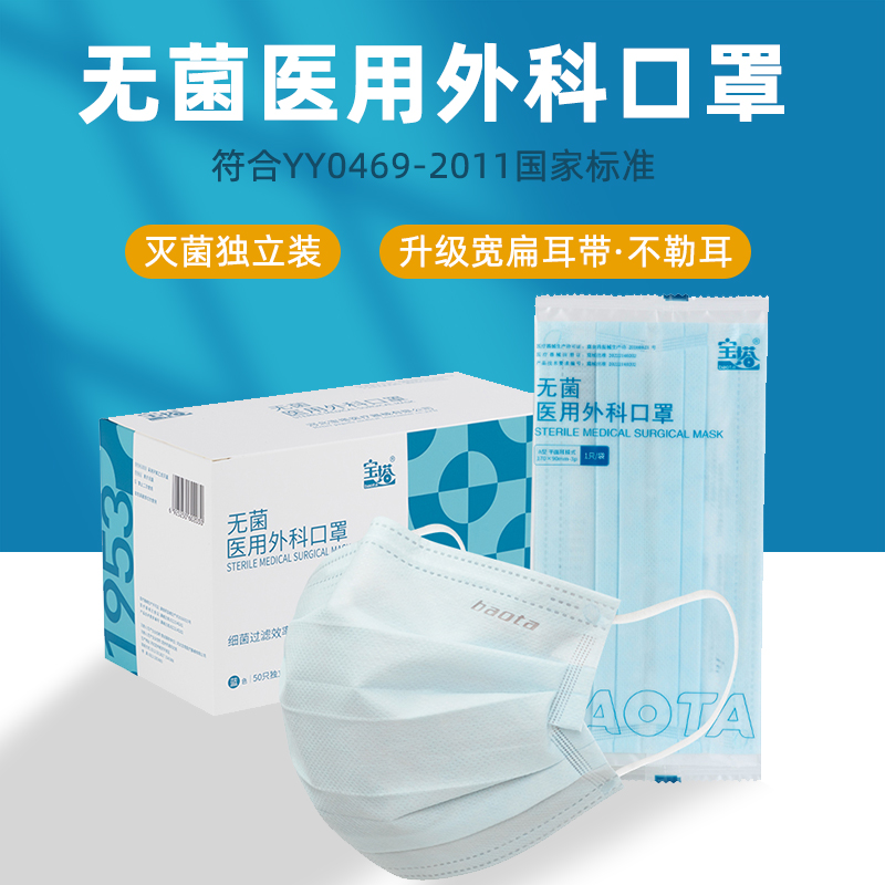 宝塔一次性医疗口罩成人平面耳挂防柳絮防尘医用外科口罩浅蓝薄款