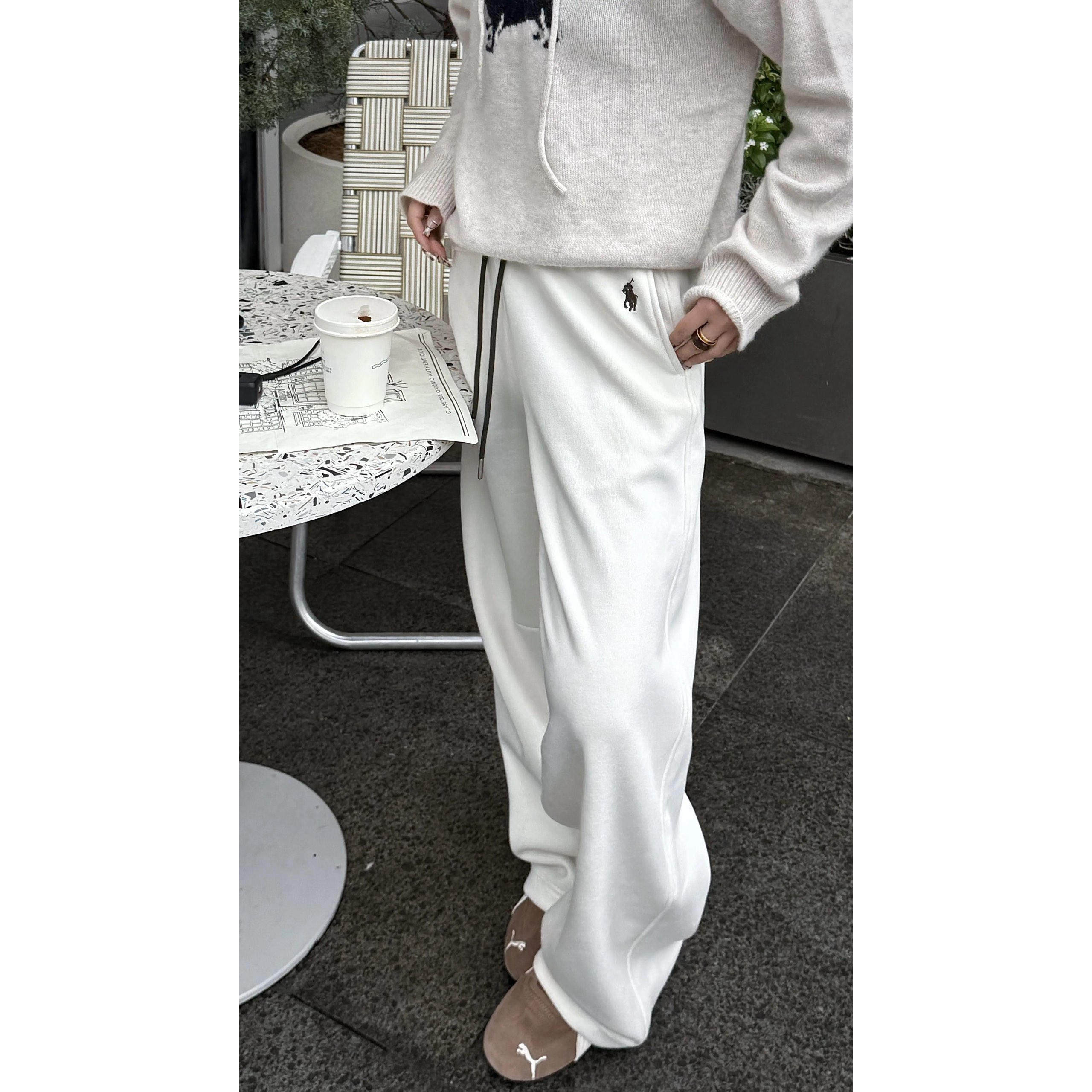 深圳南油休闲慵懒风抽绳卫裤女白色松紧腰直筒阔腿裤宽松运动裤