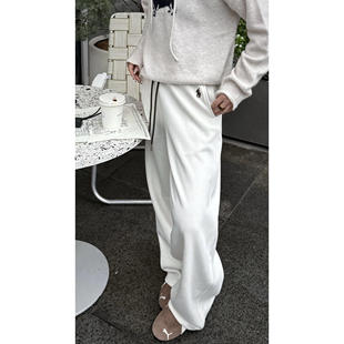 深圳南油休闲慵懒风抽绳卫裤女白色松紧腰直筒阔腿裤宽松运动裤