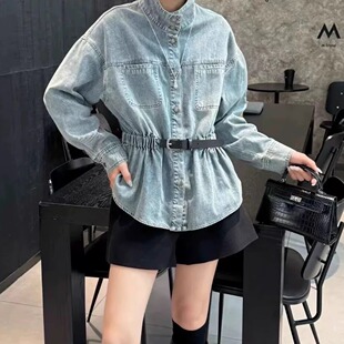 深圳南油复古立领牛仔衬衫 饰 女收腰显瘦高级感百搭上衣腰带装
