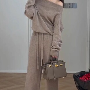 两件套 高级感气质阔腿裤 深圳南油慵懒风一字肩羊毛针织套装 女秋季