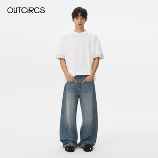 OUTCiRCS 前插口袋宽松牛仔裤复古水洗做旧直筒百搭宽松长裤子