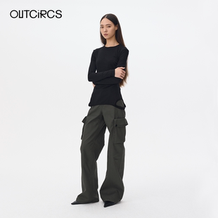 OUTCiRCS错位腰头直筒工装裤2025夏新款女时尚百搭黑色休闲长裤子