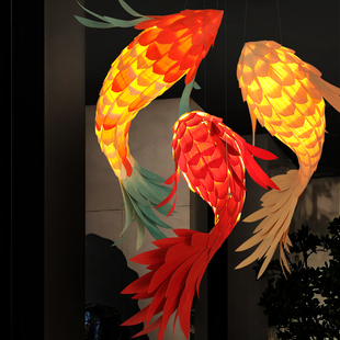 木皮鱼形吊灯新中式 餐厅酒店前台造型氛围民宿景区楼梯间鲤鱼灯具