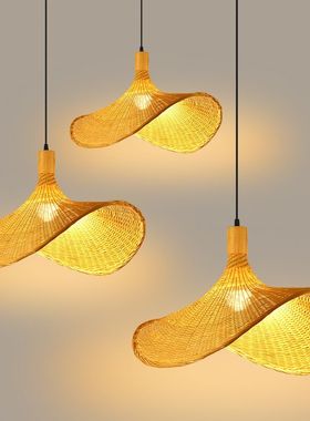 禅意茶室竹编吊灯东南亚餐厅日式灯具创意个性草帽灯楼梯竹艺灯罩