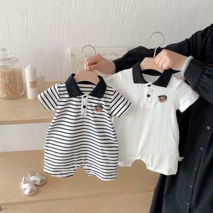 婴儿衣服夏装薄款连体哈衣新生男宝宝洋气Polo满月百天绅士爬服帅