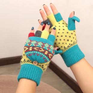 日本翻盖羊毛加绒加厚保暖手套名族风复古花纹半指露指学生写字女