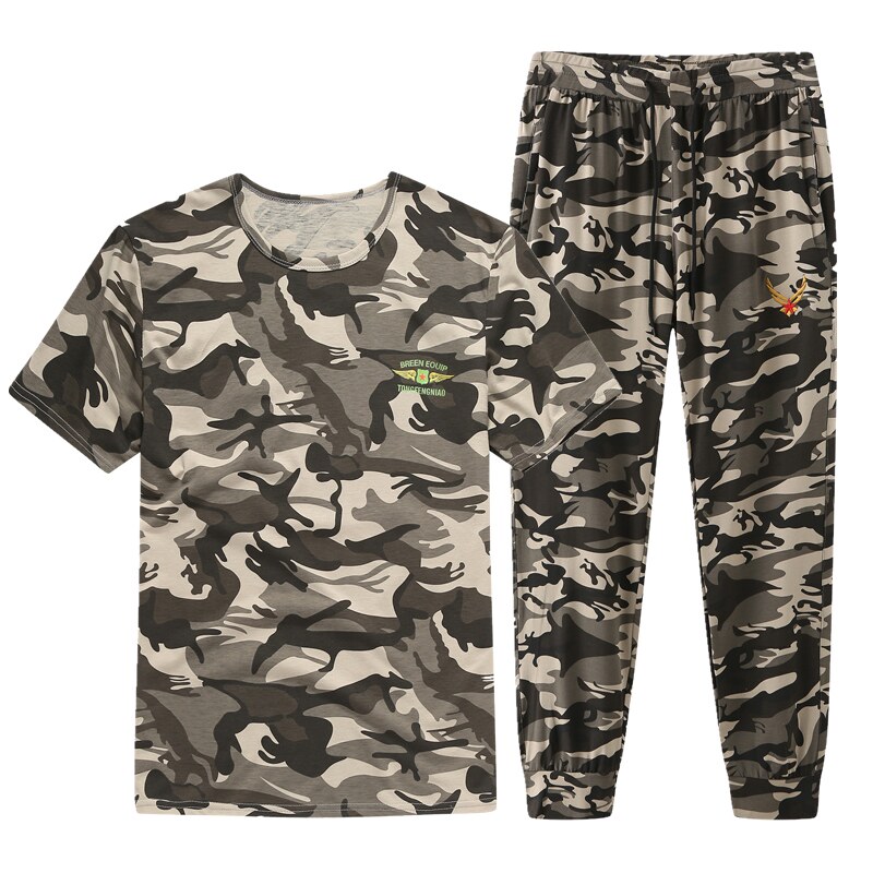 夏季薄款弹力迷彩套装男士圆领短袖T恤宽松休闲运动长裤工作服装