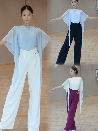 Fairy摩登舞服花朵短袖飘袖上衣V腰阔腿裤黑白蓝玫红色练舞表演女