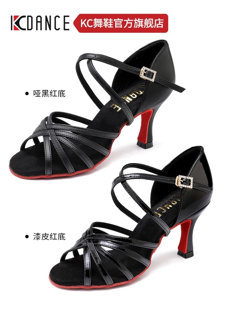 黑色拉丁舞鞋KCDANCE漆皮红底女