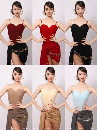 TOAO拉丁舞服吊带连体衣腰链臀巾三件套黑红蓝咖杏色艺考表演女