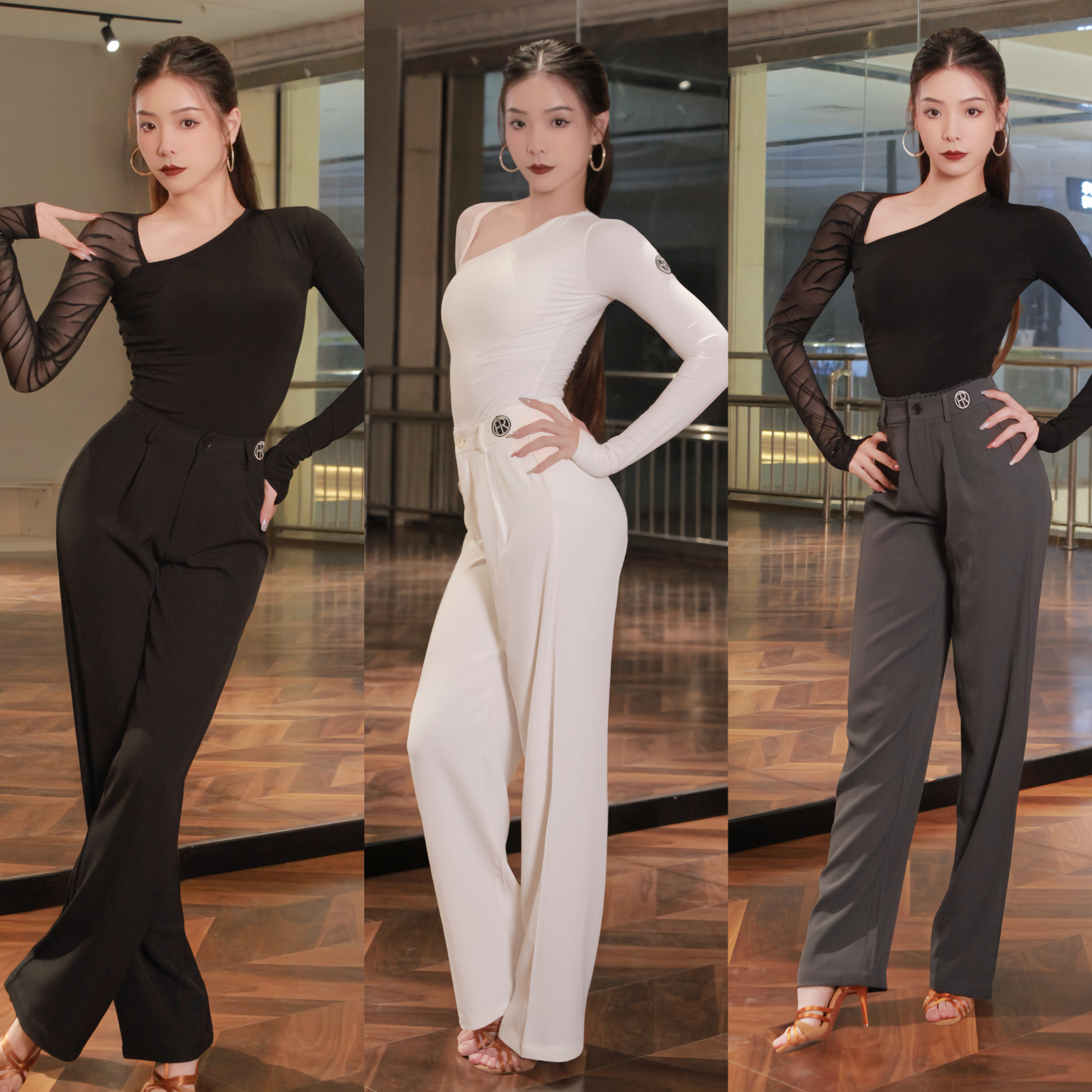 Fairy拉丁舞服西装裤女士长裤直筒裤黑灰白色练舞教课表演女成人