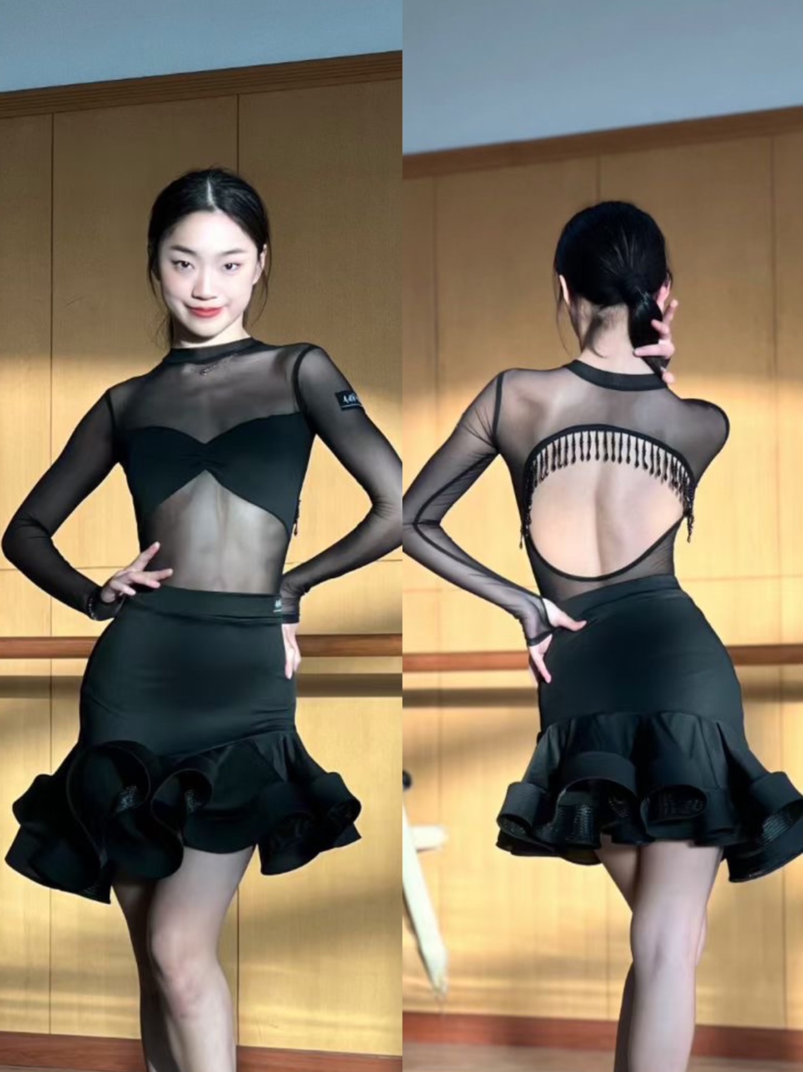 Aurora拉丁舞服长袖网纱上衣露背管珠设计斜边鱼骨裙黑色表演服女