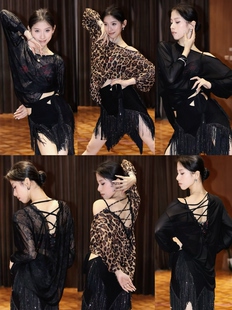 Loyal拉丁舞服黑色蝴蝶豹纹蕾丝网纱罩衫大衫上衣练舞教课表演女