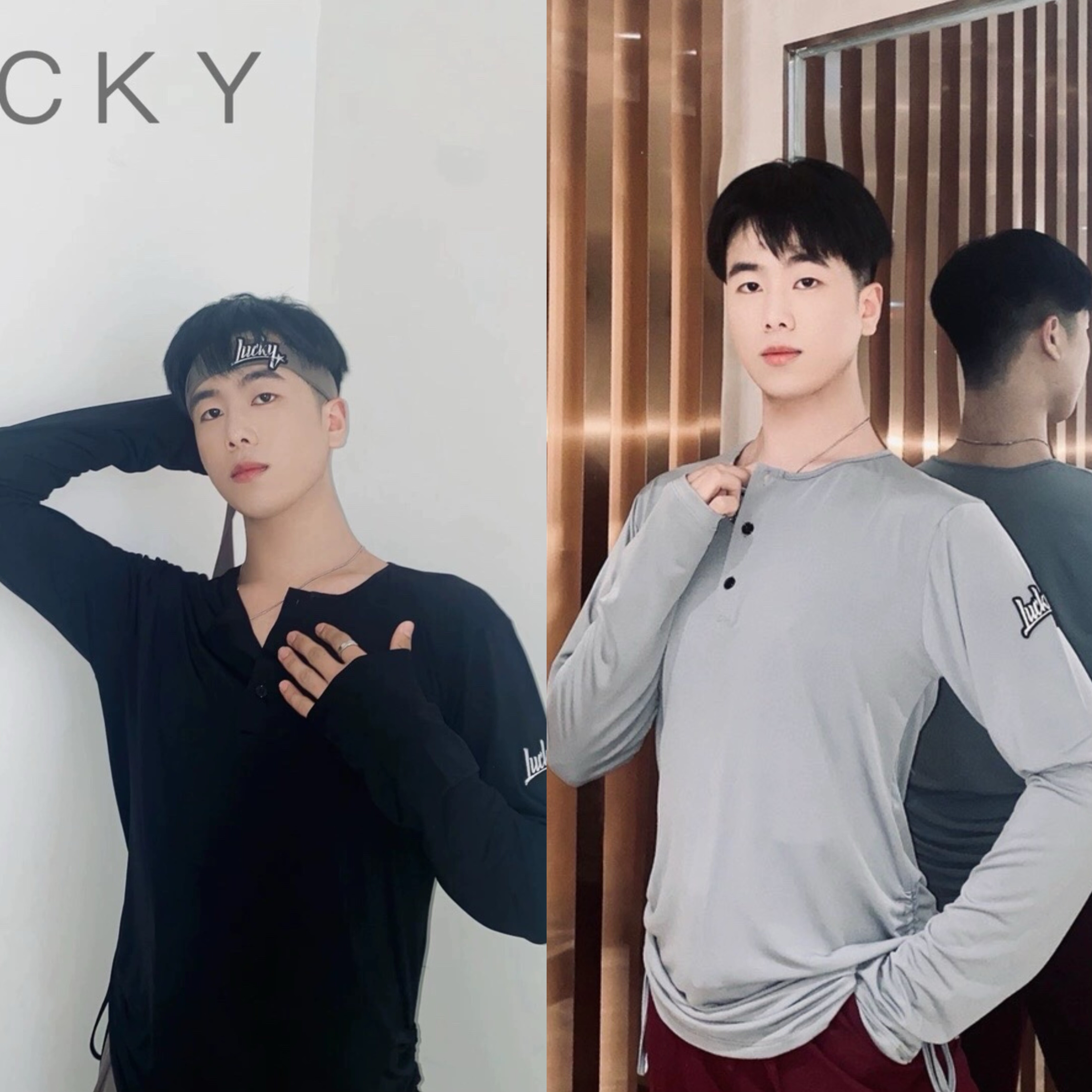 Lucky男士长袖v领上衣抽绳设计拉丁长袖舞服练功服黑色灰色绿色