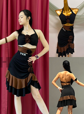 TYH拉丁舞服手工花连体衣挂脖上衣荷叶边半身裙棕色黑色艺考表演