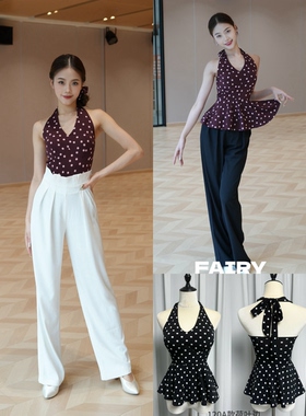 Fairy拉丁舞服红黑色挂脖波点上衣荷叶边摩登舞练舞艺考表演女士