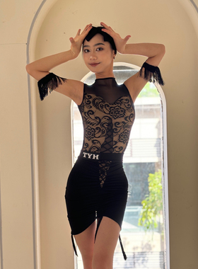 TYH拉丁舞服交叉带蕾丝无袖上衣包臀流苏半裙黑色练舞表演艺考女