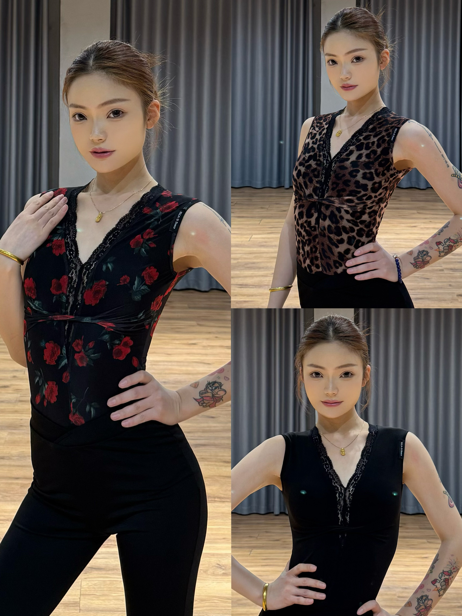 Ella-d拉丁舞服无袖蕾丝V领上衣红印花豹纹黑色喇叭裤练舞教课女