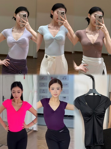 Loyal拉丁舞服短袖V领纽结上衣连体衣黑紫蓝玫红裸粉色练舞教课女
