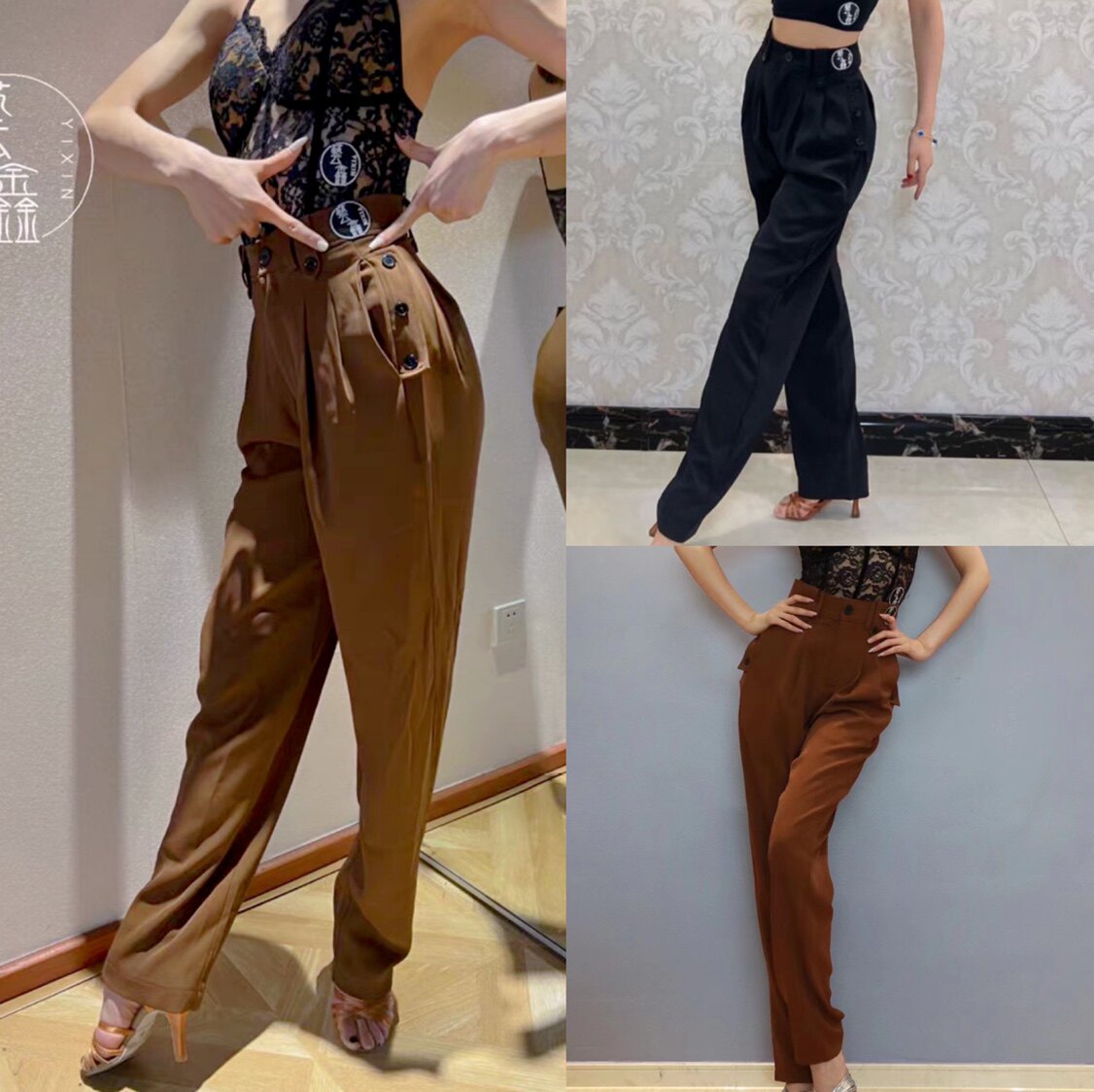 艺鑫舞服拉丁舞裤子女士练舞裤黑色直筒裤纽扣口袋裤西装面料长裤