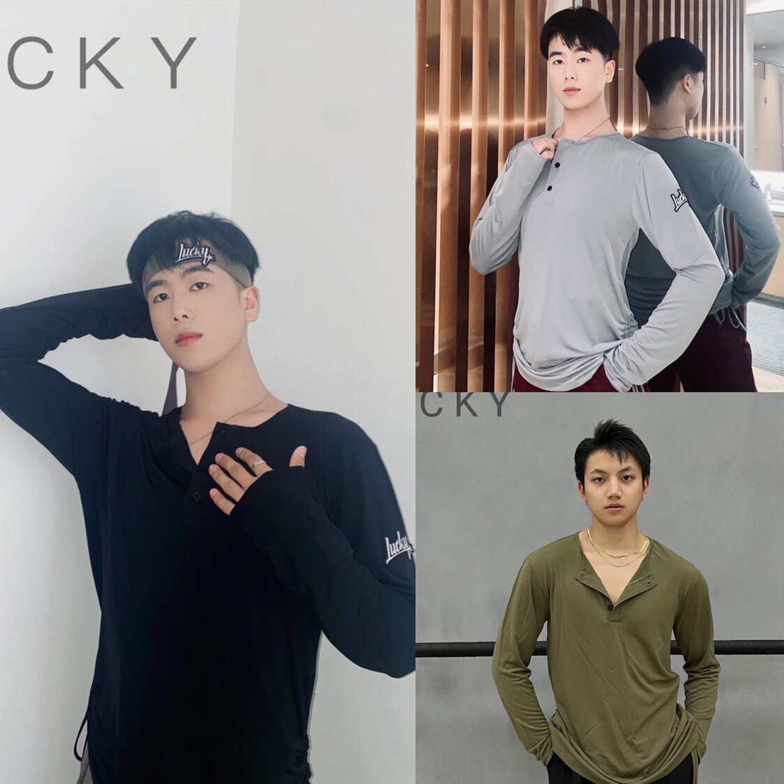 Lucky男士长袖v领上衣抽绳设计拉丁长袖舞服练功服黑色灰色绿色