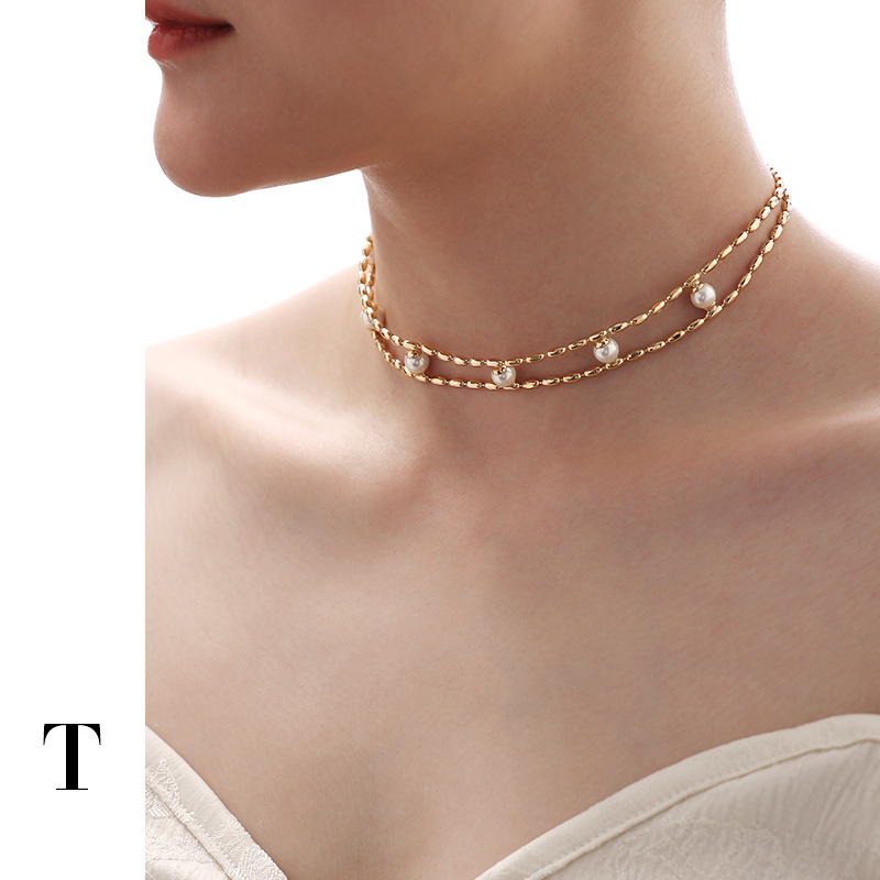 复古法式双层珍珠链条choker女