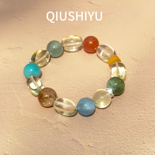秋莳屿黄水晶枣珠海蓝宝黄阿赛塔晶多宝手串S925银波浪纹隔片礼物