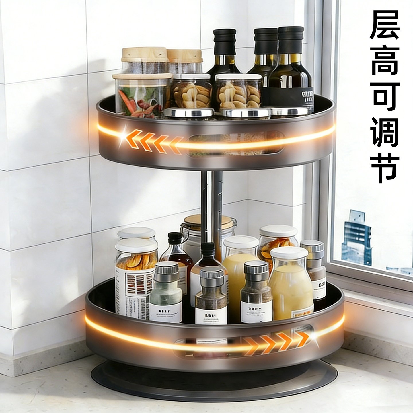 日本厨房调料品置物架家用多功能旋转调料架台面双层调味料收纳架