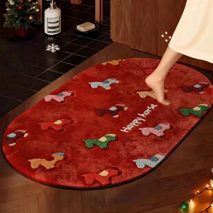 日本浴室吸水地垫2026马年红色仿亚麻卫生间门口速干防滑地毯垫子