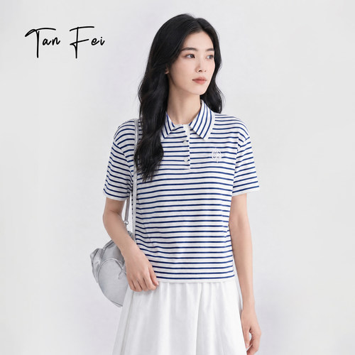 谭飞夏季女短袖条纹Polo针织衫