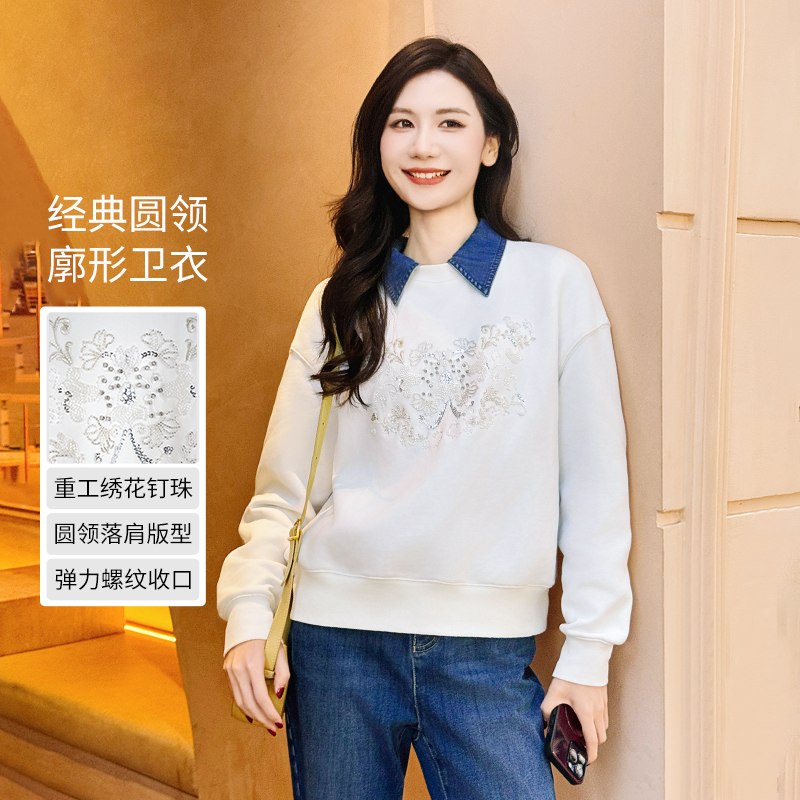 谭飞纯棉圆领刺绣卫衣百搭