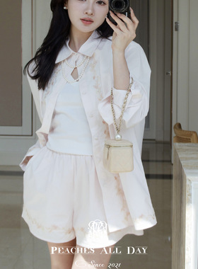 PEACHES ALL DAY樱花妹妹 du家刺绣神仙配色夏防晒衬衫短裤套装