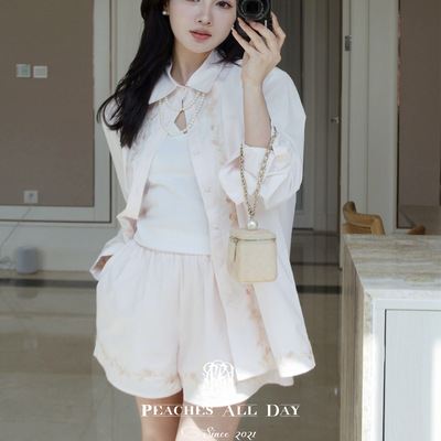 du家樱花刺绣衬衫短裤套装