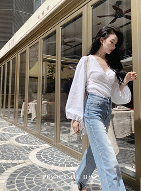 PEACHES ALL DAY夏日微风高腰修身裸感弹力阔腿牛仔裤夏季显瘦神