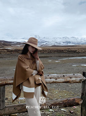 PEACHES ALL DAY LR双面羊绒真皮扣老钱风气质美拉德拼色披肩斗篷
