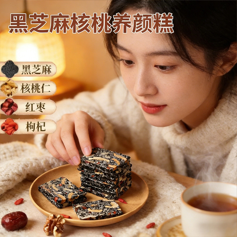 黑芝麻核桃养颜糕黑芝麻酥乌发0添加孕妇儿童健康零食品休闲小吃