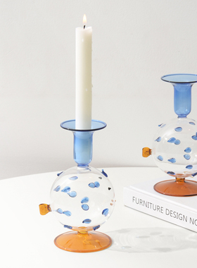 oakliving创意玻璃烛台家居装饰蓝色波点氛围河豚造型蜡烛台摆件