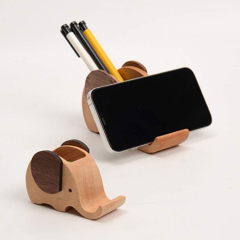 oakliving实木大象手机支架多功能桌面笔筒收纳筒胡桃木可爱造型