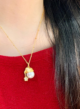 法式轻奢复古拉丝珍珠圣诞帽星星项链小众精致名媛风高级感锁骨链