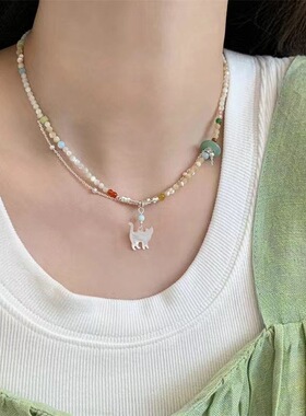 多巴胺双层彩色串珠猫咪夏小清新创意百搭锁骨链女颈链批发