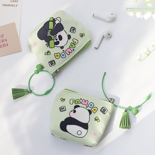 卡通大熊猫清新绿色创意零钱包便携小巧耳机收纳包女生包包挂件